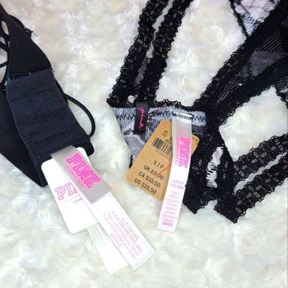NWT 2PC PINK VICTORIA SECRET BRALETTE LACE THONG BLACK WHITE PLAID BANDANA SMALL - Picture 6 of 12